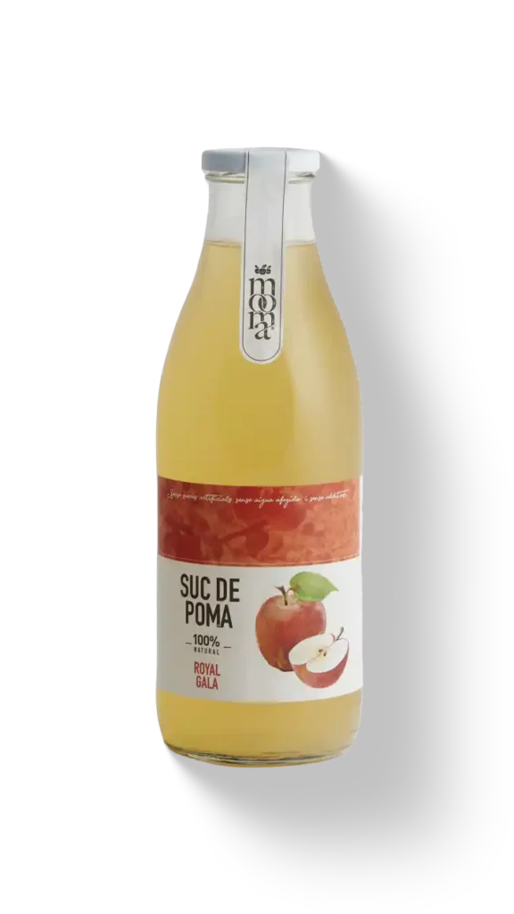 Compra el suc de poma Royal Gala de Mooma, elaborat amb pomes 100% naturals de l’Empordà. Un suc fresc, dolç i equilibrat, sense sucres afegits ni conservants.