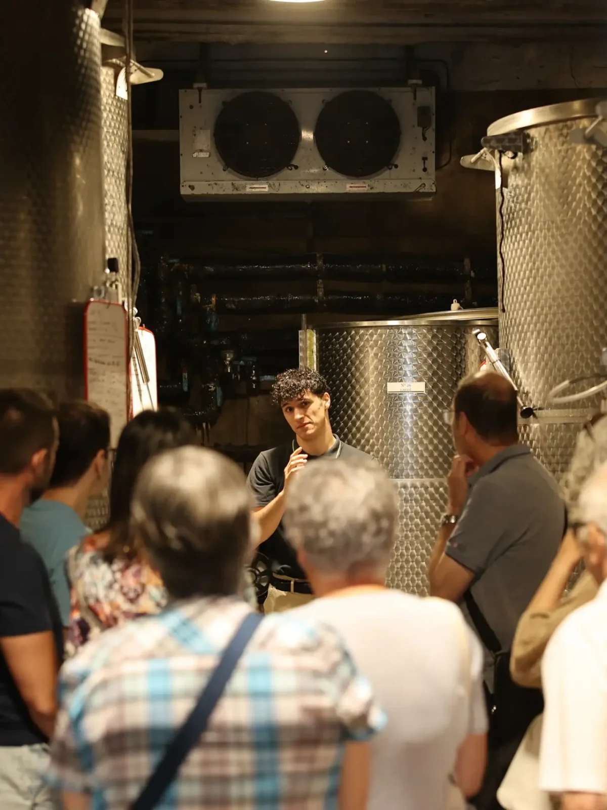 Personas disfrutando de una visita a la bodega de Mooma mientras descubren el proceso de elaboración de la sidra artesanal entre depósitos y espacios de producción.
